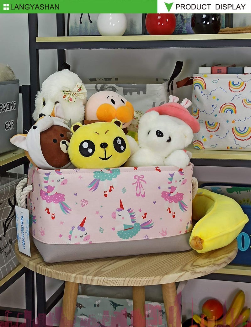 Langyashan Rectangular Storage Bin Collapse Canvas Fabric Cartoon Storage Basket With Handles For Organizing Home Kitchen Boys And Girls Toys Office Closet Shelf Baskets(Rec Pink Dancing Unicorn) - Image 5