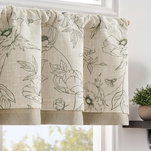 jinchan Linen Floral Valance Curtain for Kitchen Green Flower on Beige for Windows Room Darkening Farmhouse Valance Double Layer Window Treatment Decoration 1 Panel Rod Pocket 16 Inch - Image 1