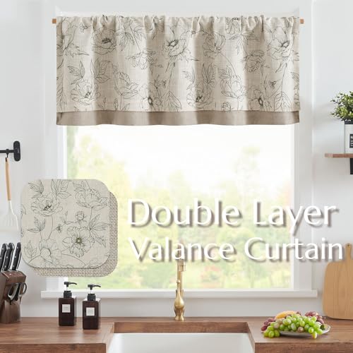 jinchan Linen Floral Valance Curtain for Kitchen Green Flower on Beige for Windows Room Darkening Farmhouse Valance Double Layer Window Treatment Decoration 1 Panel Rod Pocket 16 Inch - Image 3