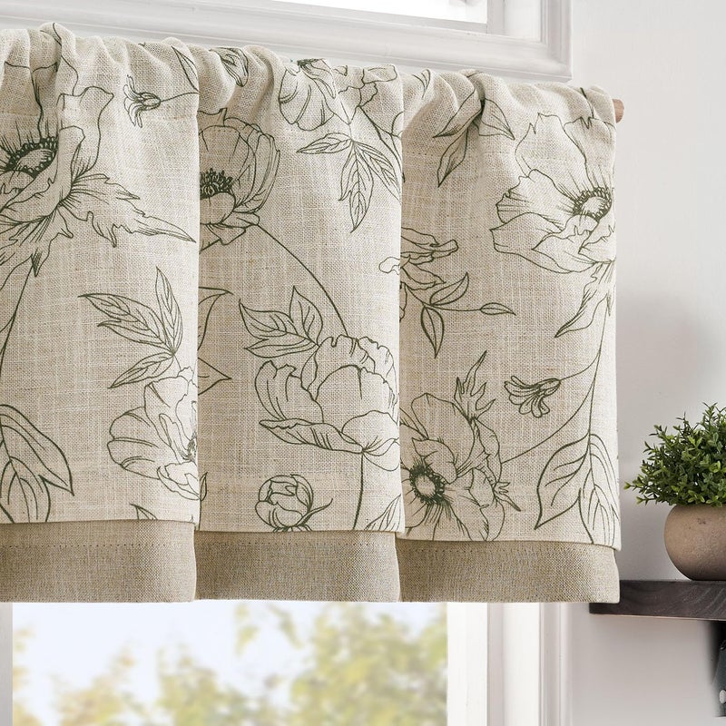 jinchan Linen Floral Valance Curtain for Kitchen Green Flower on Beige for Windows Room Darkening Farmhouse Valance Double Layer Window Treatment Decoration 1 Panel Rod Pocket 16 Inch - Image 2