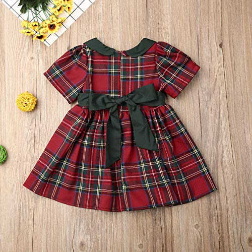 Kuriozud Toddler Baby Girl Plaid Dress Short Sleeve Bowknot Party Dress (Palid Dress with Green Bow, 2-3T) - Image 3