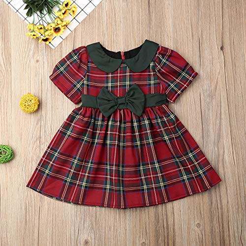 Kuriozud Toddler Baby Girl Plaid Dress Short Sleeve Bowknot Party Dress (Palid Dress with Green Bow, 2-3T) - Image 4