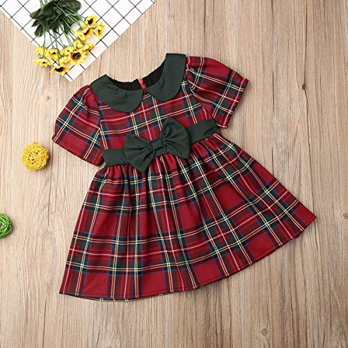 Kuriozud Toddler Baby Girl Plaid Dress Short Sleeve Bowknot Party Dress (Palid Dress with Green Bow, 2-3T) - Image 2
