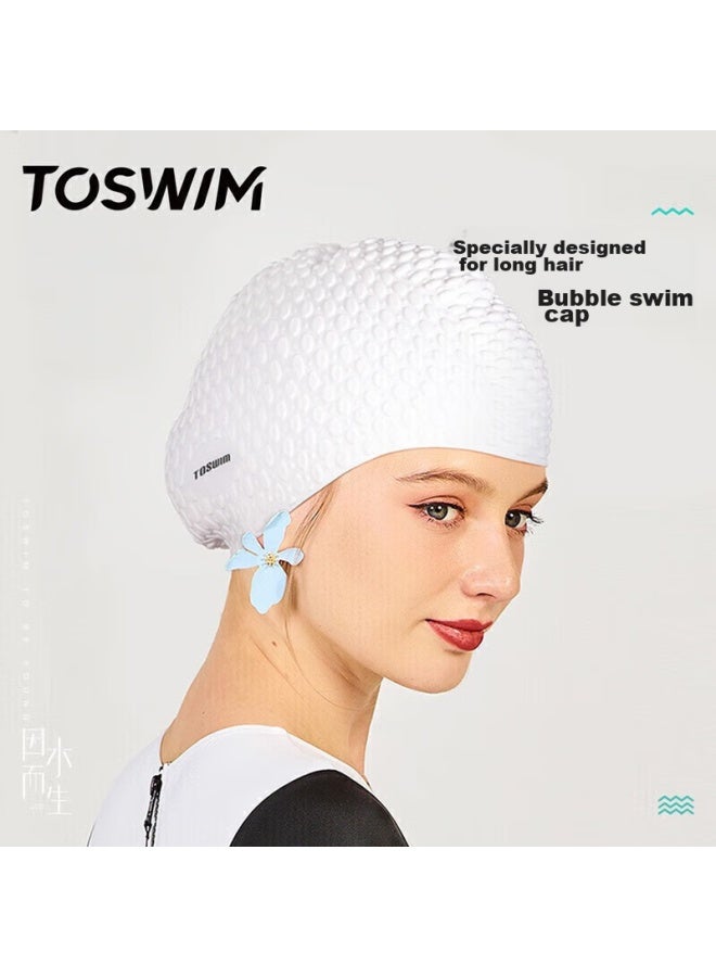 Toswim Women's Waterproof Long Hair Swimming Cap, Enlarged Silicone Ear Protection, Comfortable And Stylish Bubble Swim Cap, Ts61400600, Fresh Milk White - Image 2