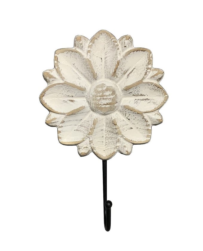 DECORATIVE BOHO FLOWER TOWEL HOOKS WHITE DISTRESSED WOOD HANGING HOOKS FARMHOUSE BOHO COAT RACK HOOKS FOR HANGING THINGS TOWELS PURSE