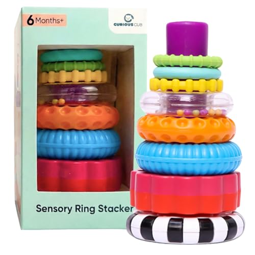 Curious Cub Ring Stacker Baby Toy for 6+ Month Old Baby with Different Sensory Rings & Rattle | Stacking Montessori Learning Toy for Early Brain Development for Kids & Infants - Image 1