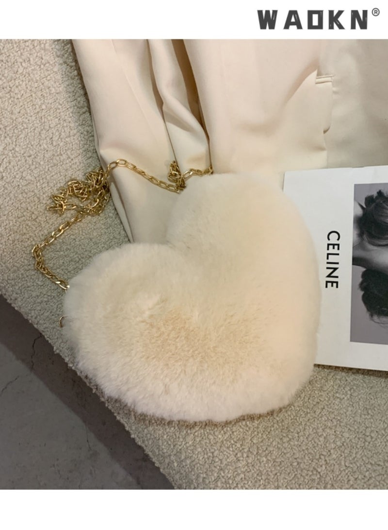 WAOKN Internet celebrity fashion plush heart-shaped bag women's chain Messenger bag artificial fur love shoulder peach heart gift coin purse  - Image 2