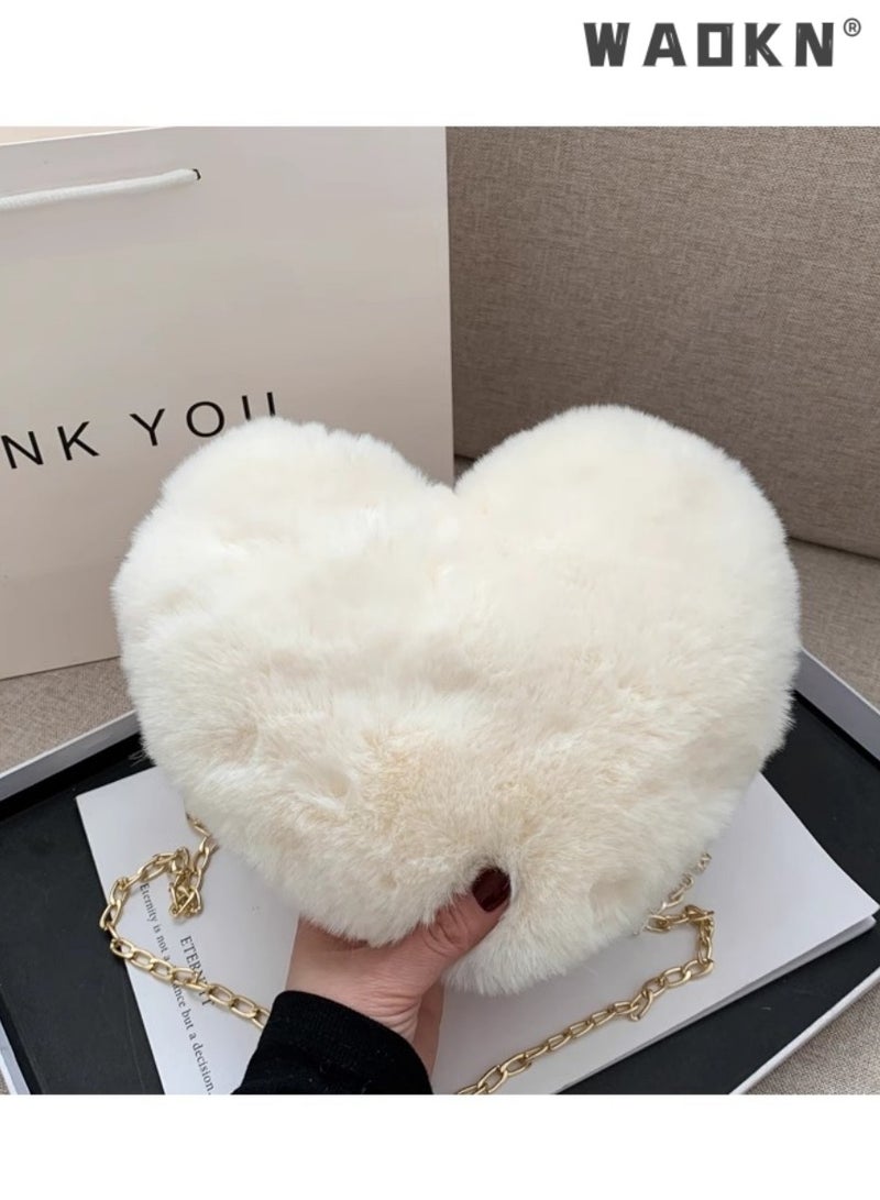 WAOKN Internet celebrity fashion plush heart-shaped bag women's chain Messenger bag artificial fur love shoulder peach heart gift coin purse  - Image 3