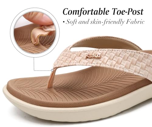 KuaiLu Flip Flops for Women Ladies Yoga Mat Comfortable Sport Walking Thong Sandal With Plantar Fasciitis Arch Support Slip-on Slides Indoor Outdoor For Summer Size 8.5 Beige White - Image 5