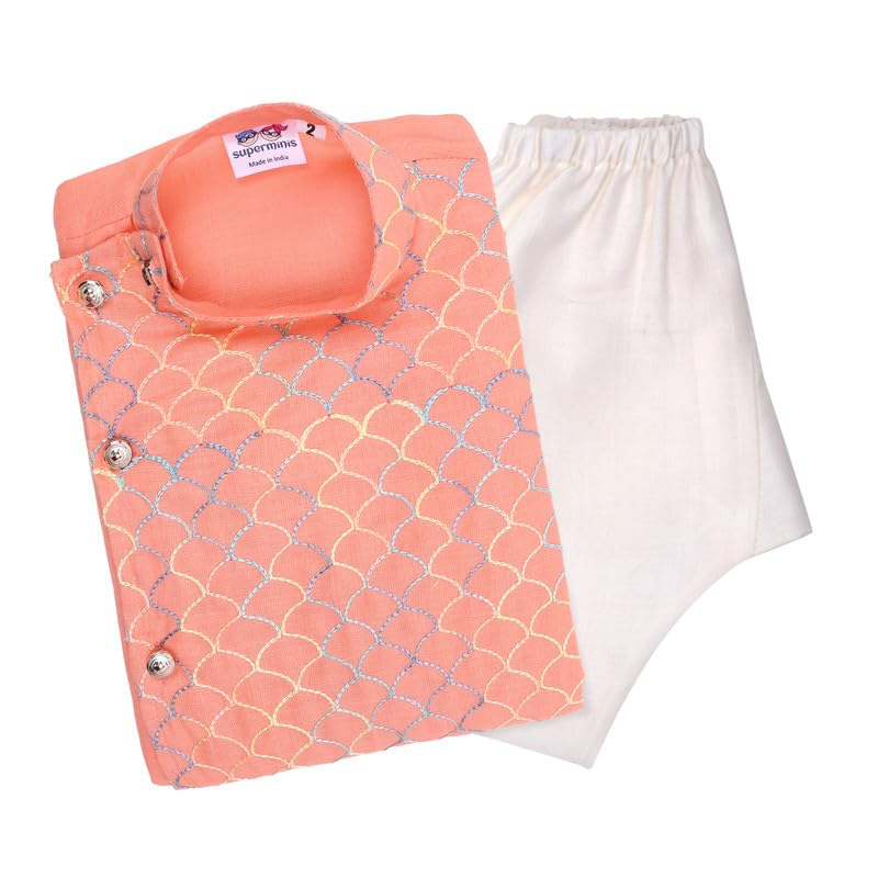 superminis Baby Boys Cotton Side Open Embroidery Kurta and White Pyjama Set (5-6 Years, Peach) - Image 1