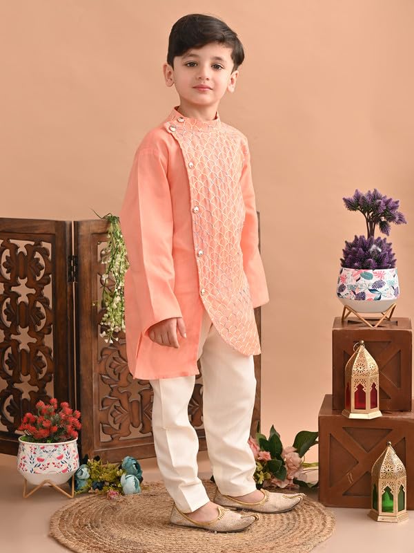 superminis Baby Boys Cotton Side Open Embroidery Kurta and White Pyjama Set (5-6 Years, Peach) - Image 4