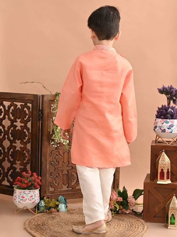 superminis Baby Boys Cotton Side Open Embroidery Kurta and White Pyjama Set (5-6 Years, Peach) - Image 3