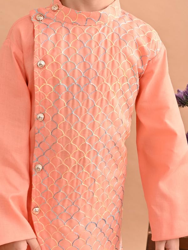 superminis Baby Boys Cotton Side Open Embroidery Kurta and White Pyjama Set (5-6 Years, Peach) - Image 5