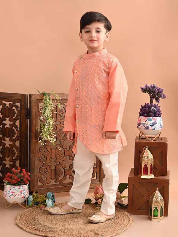 superminis Baby Boys Cotton Side Open Embroidery Kurta and White Pyjama Set (5-6 Years, Peach) - Image 2