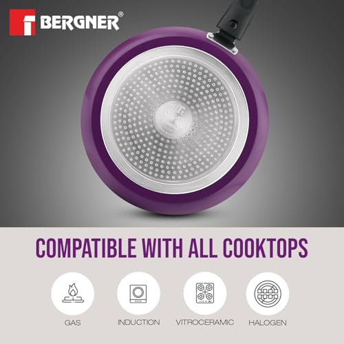 Bergner Sherry Plus Non-Stick 6 pcs Cookware Set - Set of 24cm (2.5L) Kadai with Glass Lid, 24cm (1.6L) Frying Pan, 25cm Dosa Tawa and 2 Nylon Spatula, Detachable Handle (Induction Bottom) - Purple - Image 2