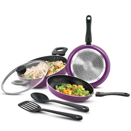 Bergner Sherry Plus Non-Stick 6 pcs Cookware Set - Set of 24cm (2.5L) Kadai with Glass Lid, 24cm (1.6L) Frying Pan, 25cm Dosa Tawa and 2 Nylon Spatula, Detachable Handle (Induction Bottom) - Purple - Image 1