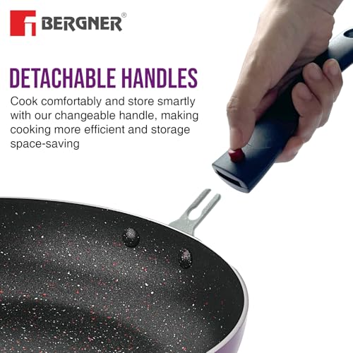 Bergner Sherry Plus Non-Stick 6 pcs Cookware Set - Set of 24cm (2.5L) Kadai with Glass Lid, 24cm (1.6L) Frying Pan, 25cm Dosa Tawa and 2 Nylon Spatula, Detachable Handle (Induction Bottom) - Purple - Image 4