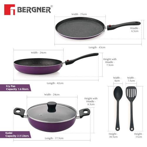 Bergner Sherry Plus Non-Stick 6 pcs Cookware Set - Set of 24cm (2.5L) Kadai with Glass Lid, 24cm (1.6L) Frying Pan, 25cm Dosa Tawa and 2 Nylon Spatula, Detachable Handle (Induction Bottom) - Purple - Image 5