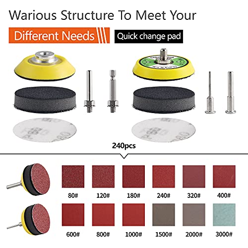 Tshya 240pcs 2inch Sanding Discs Pad Variety Kit for Drill Grinder Rotary Tools Attachment with 2Pcs 1/8"&1/4" Shank Backer Plate, Sanding Pads Includes 80-3000 Grit - Image 2