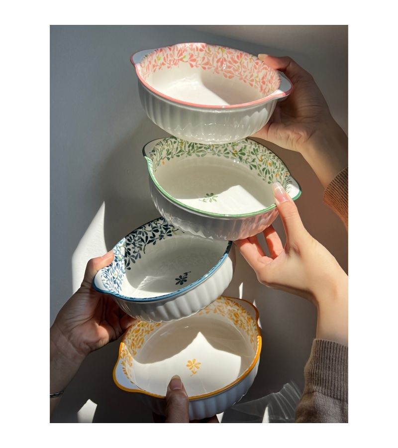 Yellow Ceramic Bowl with Double Handles Large Capacity Floral Pattern Oven Microwave Safe - Image 2