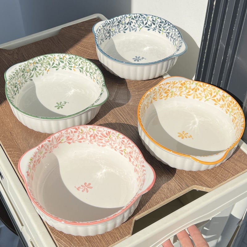 Yellow Ceramic Bowl with Double Handles Large Capacity Floral Pattern Oven Microwave Safe - Image 1