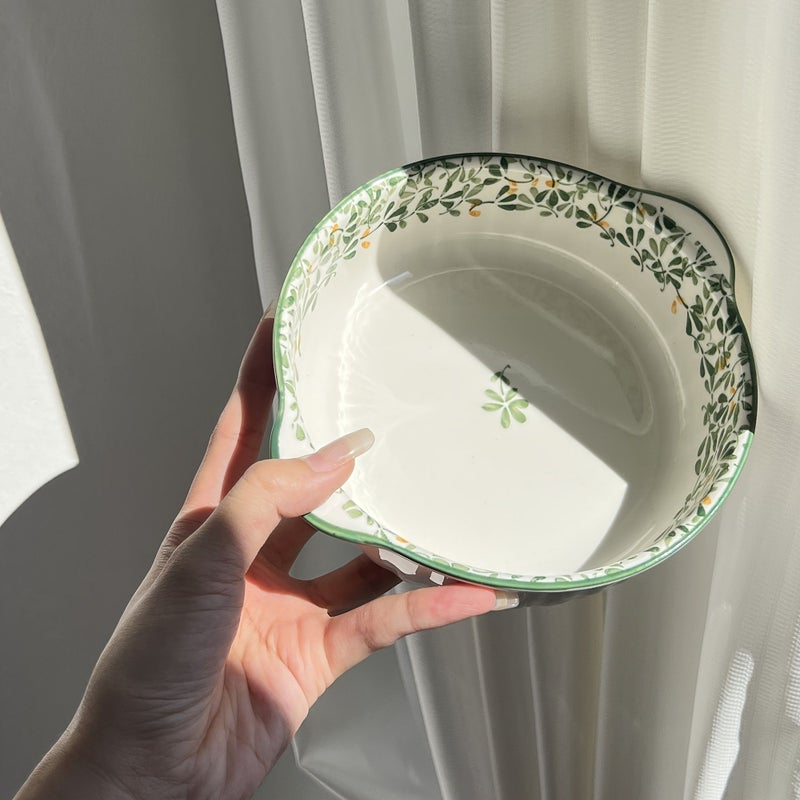Yellow Ceramic Bowl with Double Handles Large Capacity Floral Pattern Oven Microwave Safe - Image 5