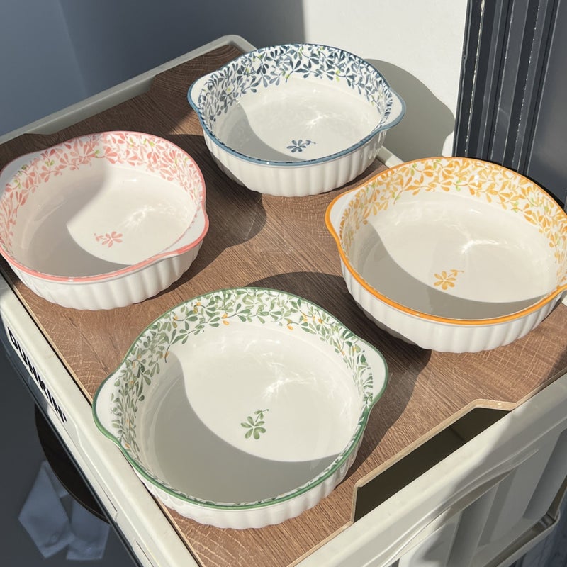 Yellow Ceramic Bowl with Double Handles Large Capacity Floral Pattern Oven Microwave Safe - Image 4