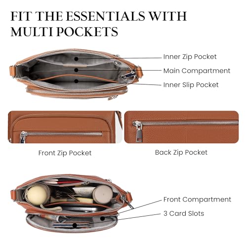 befen Genuine Leather Crossbody Bags for Women, RFID Blocking Leather Purse with Built in Wallet, Womens Handbag Shoulder Bag with Multi Zipper Pockets, Brown - Image 3