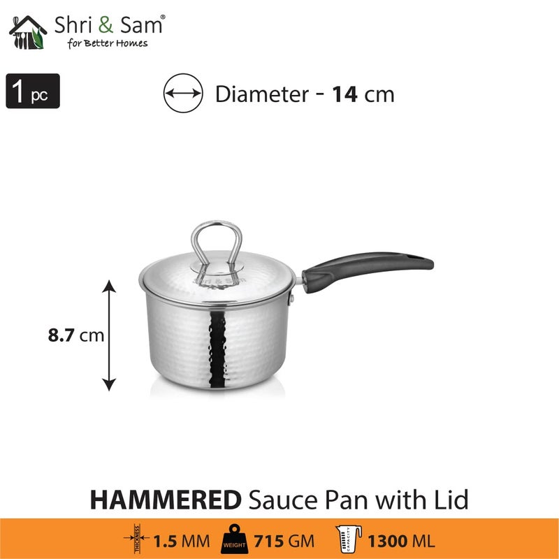 Shri & Sam قدر صلصة ثقيل الوزن من شري وسام من الفولاذ المقاوم للصدأ مع غطاء (14 سم، 1.3 لتر) - Image 3