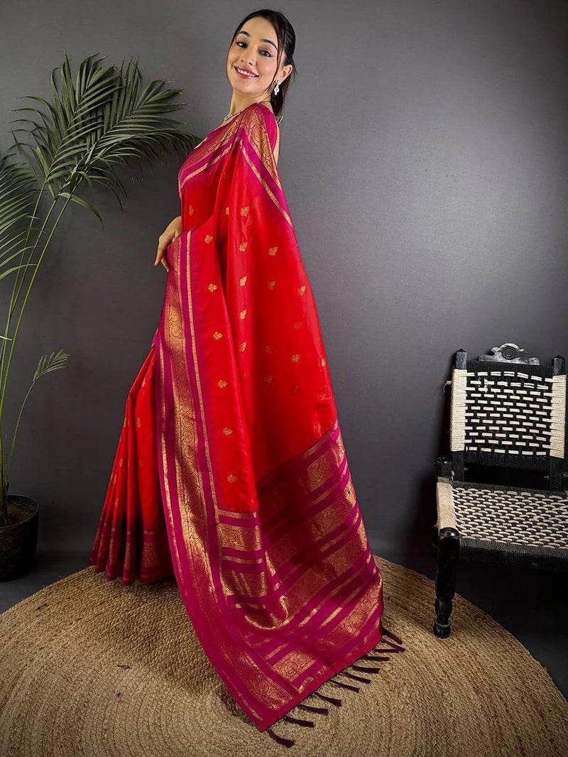 SGF11 Women's Kanjivaram Pure Soft Silk Saree With Unstitched Blouse Piece (Red) - Image 5
