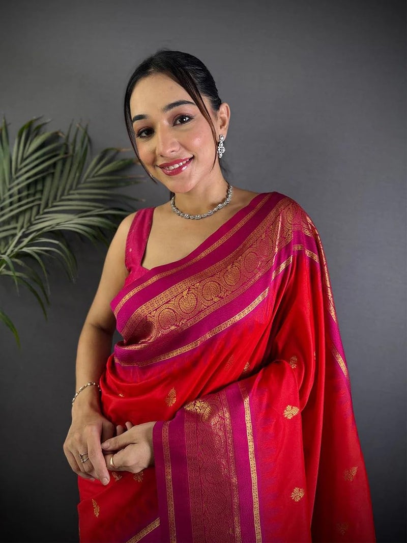 SGF11 Women's Kanjivaram Pure Soft Silk Saree With Unstitched Blouse Piece (Red) - Image 3