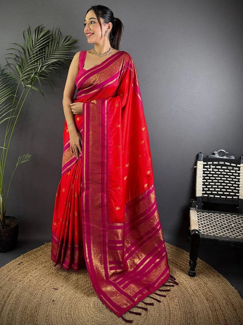 SGF11 Women's Kanjivaram Pure Soft Silk Saree With Unstitched Blouse Piece (Red) - Image 2