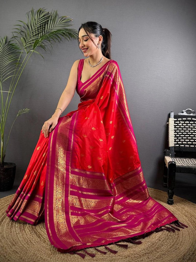 SGF11 Women's Kanjivaram Pure Soft Silk Saree With Unstitched Blouse Piece (Red) - Image 4