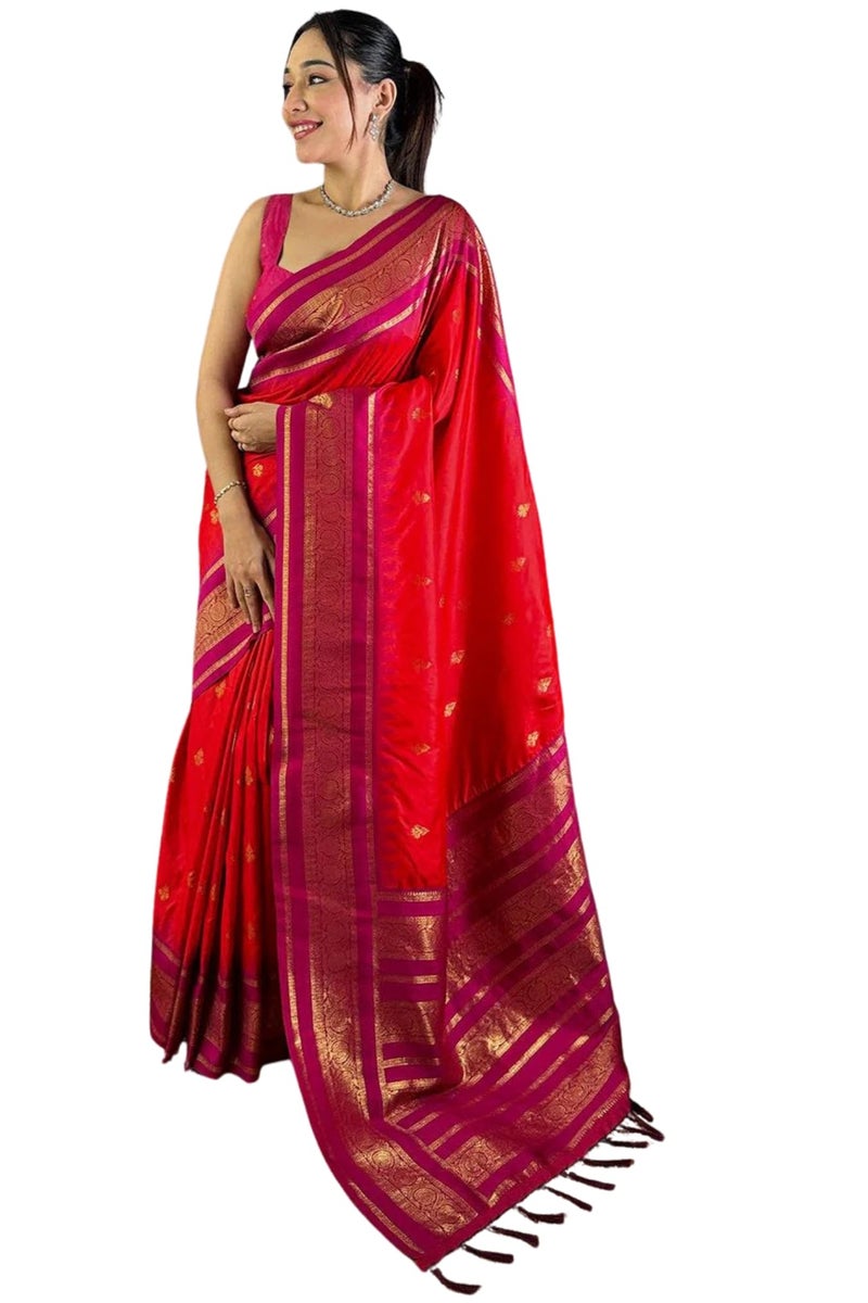 SGF11 Women's Kanjivaram Pure Soft Silk Saree With Unstitched Blouse Piece (Red) - Image 1