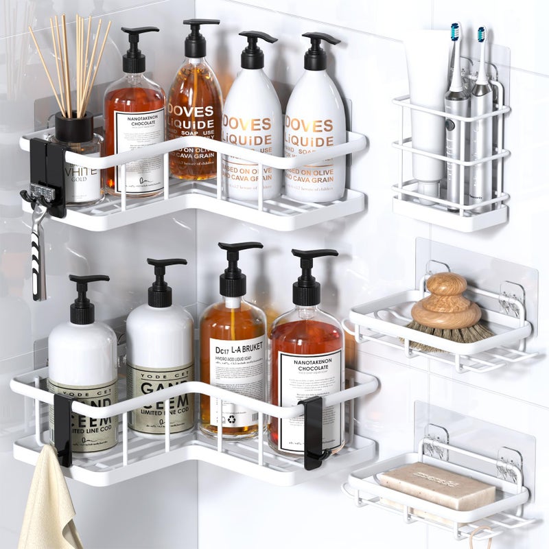 YASONIC Corner Shower Caddy 5Pack Adhesive Rustproof Stainless Steel Shower Organizer with Soap Holder No Drilling Shower Shelf for Inside Shower Dorm Renters White - Image 2
