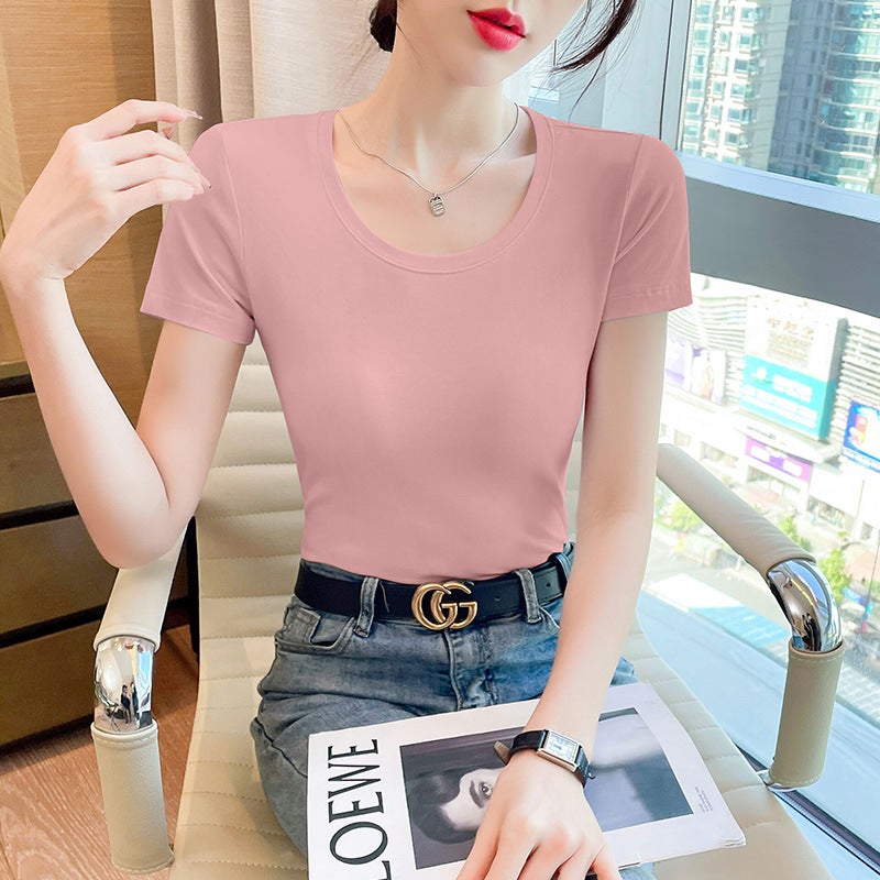 Chinese Red Red Slim-fit Short-sleeved T-shirt Womens 2023 Summer New Solid Color All-match Top Pure Cotton T-shirt lotus root starch 