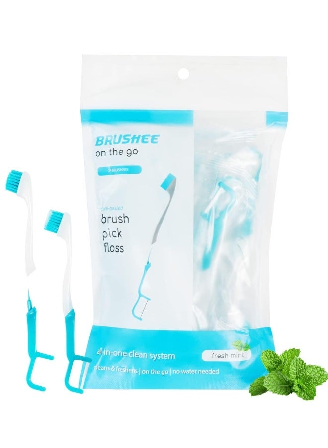 Brushee The Evolution of Oral Care 4in1 Tool Paste Brush Floss Pick Individually Wrapped Disposable Prepasted Travel Toothbrushes Small Adult Toothbrush 24Pack - Image 1