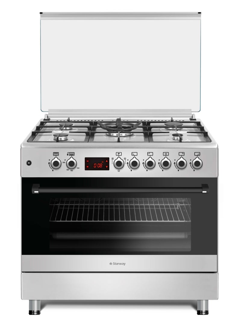 Starway 90x60cm Gas Cooker, 5 Burners, 2 Oven Fans, Cast Iron Pan Support, 3 Glass Layer Oven Door, Auto Burn, Total Safety, Easy to Clean, Digital Timer  - Image 1