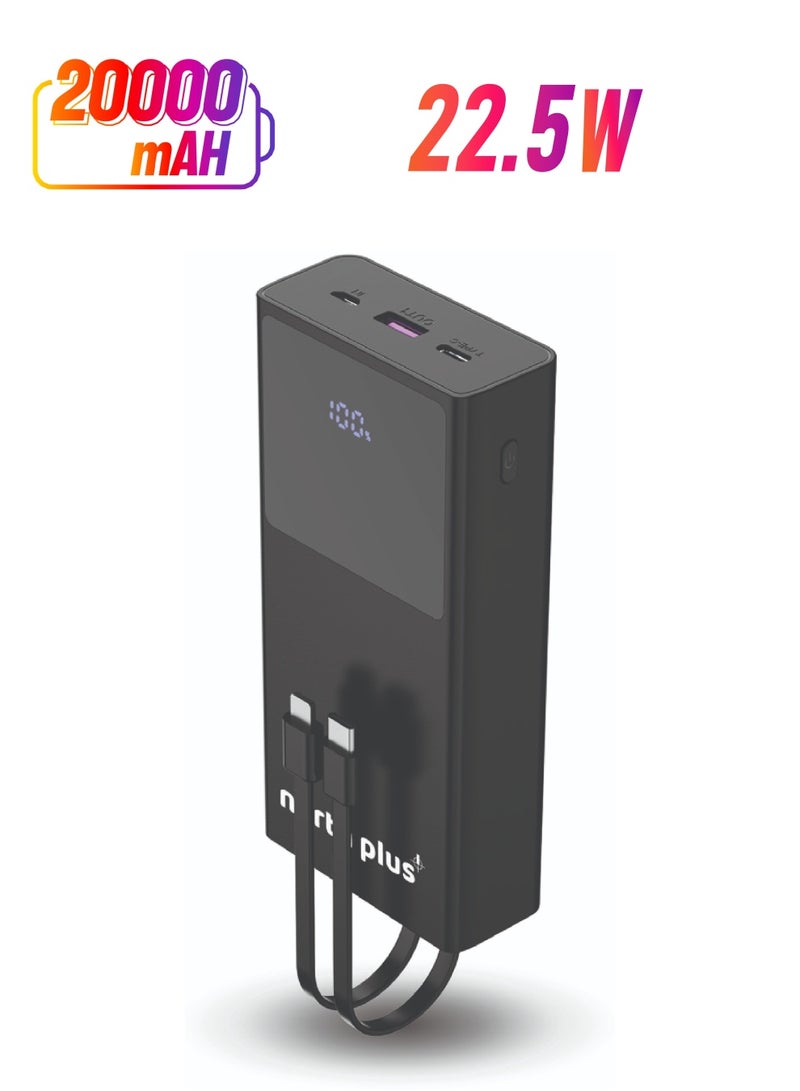 NorthPlus PowerMate F20 Fast Charging Power Bank – 20000mAh, 22.5W Fast Charge, USB-C & USB-A Output, Multi-Input (Micro-USB, USB-C, Lightning), Compact 430g Build