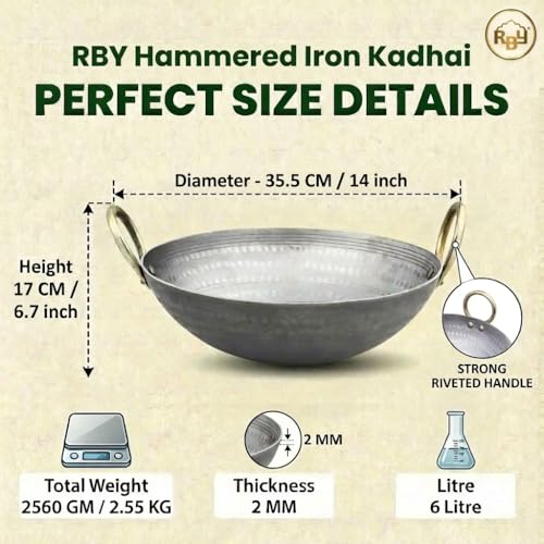RBY 6 Litre (14 Inch / 35.5 CM) Hammered Food Grade Iron Kadai Lohe Ki Kadhai for Frying Cooking Heavy Base Smooth Edge Metal Spoon Friendly Deep Frying Pan Gas & Induction Compatible - Image 2