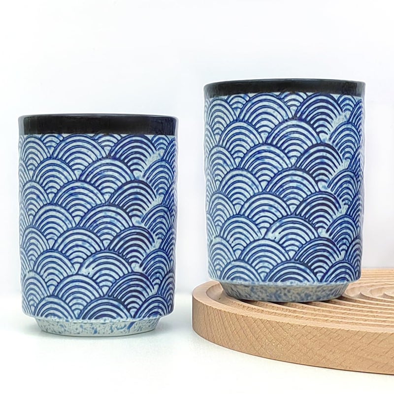 WEOPYCJ Japanese Ceramic Cup 10 oz No Handle Coffee Mug Teacups Set of 2 for All Kinds of Coffee and Drinks (Blue) - Image 1