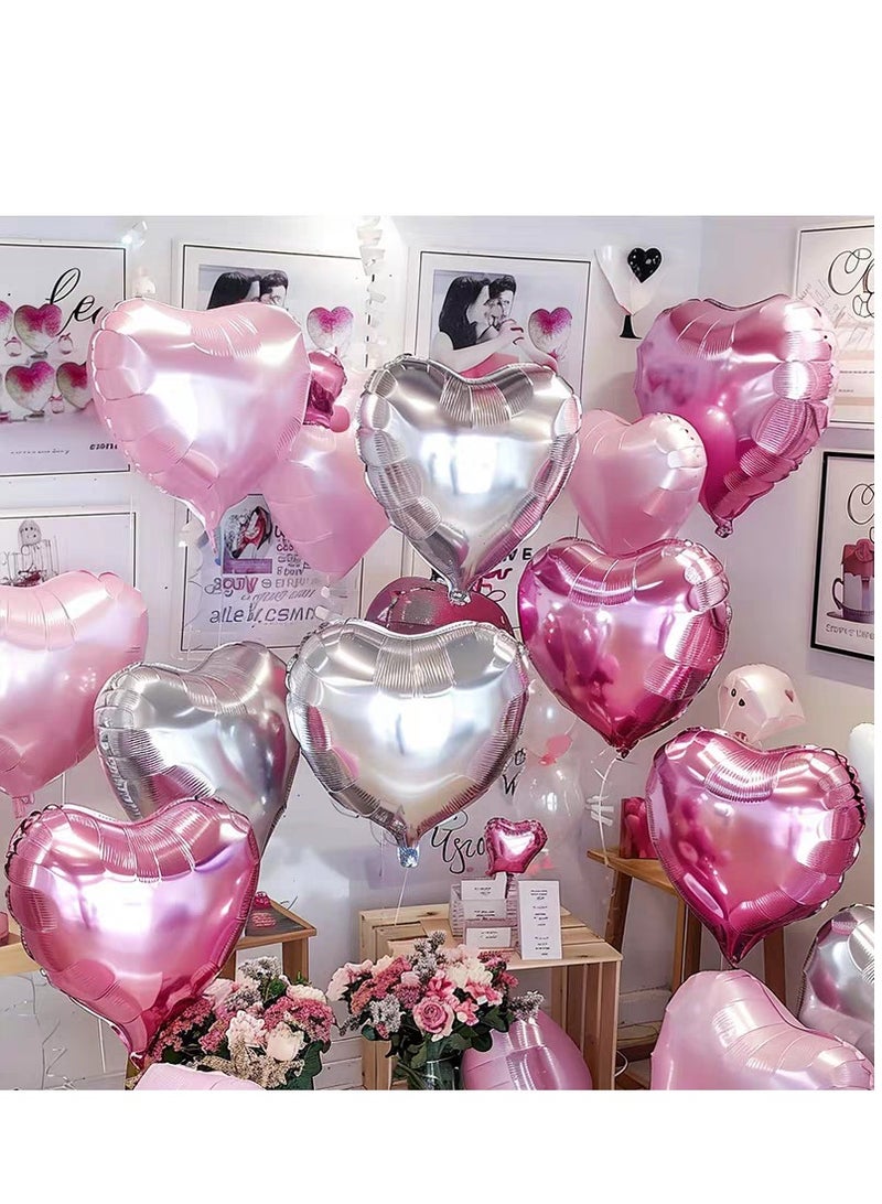 بالونات على شكل قلب باللونين الوردي والفضي، 24 قطعة من بالونات رقائق الألومنيوم مقاس 18 بوصة، بالونات عيد الحب، ديكورات حفلات الزفاف وأعياد الميلاد - Image 3