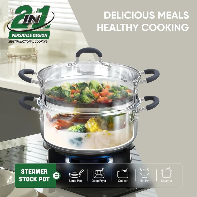 SUNHOUSE - 3.1 Quart Steamer Pots With Lid 2-Tier Multipurpose Stainless Steel Steaming Pot Cookware With Handle For Vegetable, Dumpling, Sauce, Food - Triple Bottom, Measurement Line - Image 2