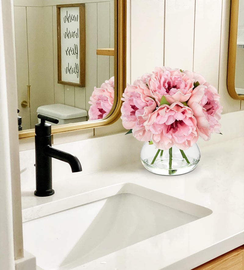 Hollyone Light Pink Peonies Artificial Flowers with Vase Faux Flowers Peony Fake Flowers Silk Flower Arrangements in Glass Vase with Faux Water for Bathroom Table Centerpiece Shelf Home Decor - Image 3