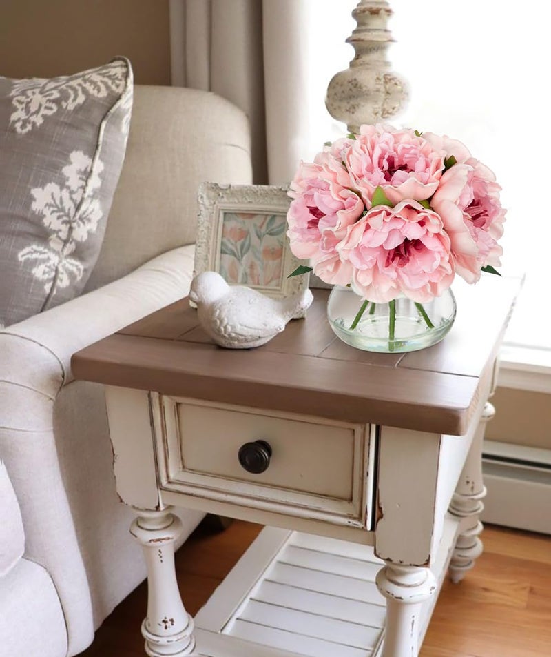Hollyone Light Pink Peonies Artificial Flowers with Vase Faux Flowers Peony Fake Flowers Silk Flower Arrangements in Glass Vase with Faux Water for Bathroom Table Centerpiece Shelf Home Decor - Image 4
