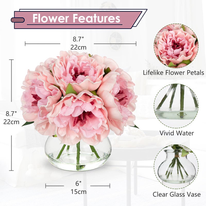 Hollyone Light Pink Peonies Artificial Flowers with Vase Faux Flowers Peony Fake Flowers Silk Flower Arrangements in Glass Vase with Faux Water for Bathroom Table Centerpiece Shelf Home Decor - Image 2