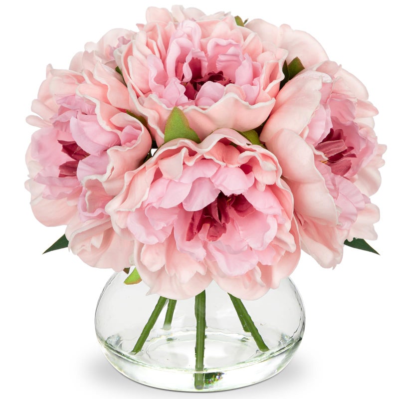 Hollyone Light Pink Peonies Artificial Flowers with Vase Faux Flowers Peony Fake Flowers Silk Flower Arrangements in Glass Vase with Faux Water for Bathroom Table Centerpiece Shelf Home Decor - Image 1
