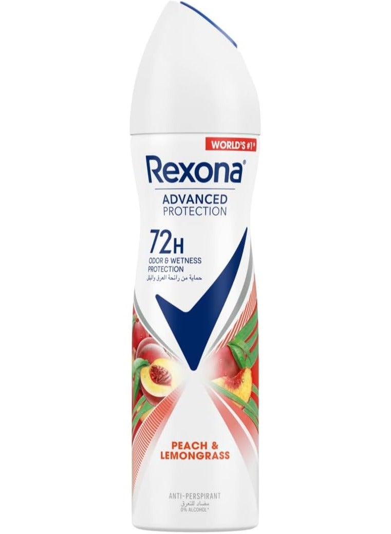 Rexona antiperspirant deodorant spray for Women, Advanced Protection 72H+ , Peach Spark & Lemongrass 150ML - Image 1