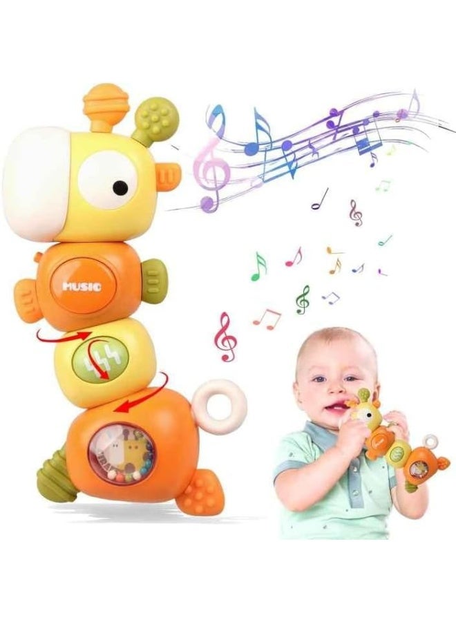 Baby Toddler Toys, 4-in-1 Baby Teething Sensory Toys, Montessori Infant Teether Newborn Rattle Toys for Infant Kids Birthday Gift Ages 3-6-9-12-18 Months - Orange - Image 1