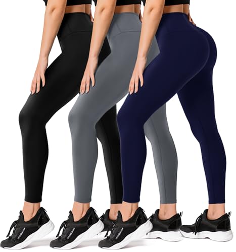 FULLSOFT 3 Pack Leggings for Women Non See Through-Workout High Waisted Tummy Comtrol Black Lightweight Yoga Pants with Pockets Cross for Gym Hiking Running Dance (Black, Dark Grey, Navy Blue, Small-Medium) - Image 1